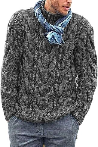 Men's Turtleneck Pullover Sweaters Knitted Long Sleeve Cable Twisted Knit Warm Winter Casual Sweater in Saudi Arabia