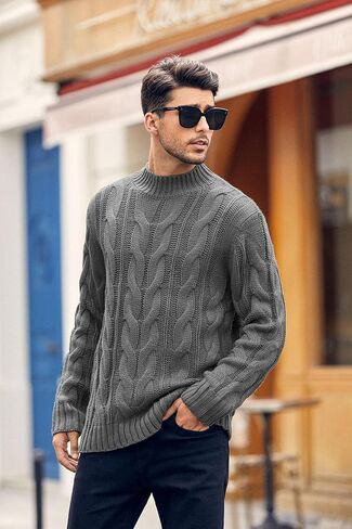 Men's Turtleneck Pullover Sweaters Knitted Long Sleeve Cable Twisted Knit Warm Winter Casual Sweater in Saudi Arabia