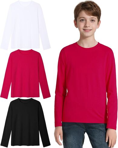 3 Pack Boys Long Sleeve Shirts Girls Cotton Crewneck T-Shirts Kids Basic Soft Long Sleeve Tees Top 5-13 Years in Saudi Arabia
