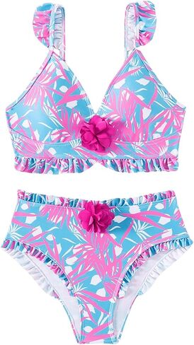 Floerns Girl's Sleeveless Tropical Print Appliques Ruffled Trim 2 Piece Bikini Sets in Saudi Arabia