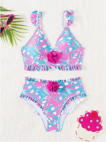 Floerns Girl's Sleeveless Tropical Print Appliques Ruffled Trim 2 Piece Bikini Sets in Saudi Arabia