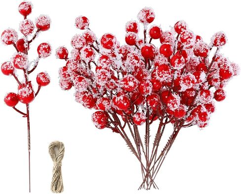 24 Pieces 7.8 Inch Artificial Holly Berry Stem Picks with Snowflake Glitter Christmas Tree Berries Picks for Christmas Tree Ornaments DIY Wreath Crafts Home Wedding Party Decor in Saudi Arabia