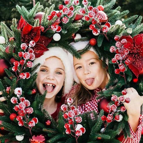24 Pieces 7.8 Inch Artificial Holly Berry Stem Picks with Snowflake Glitter Christmas Tree Berries Picks for Christmas Tree Ornaments DIY Wreath Crafts Home Wedding Party Decor in Saudi Arabia