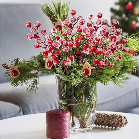 24 Pieces 7.8 Inch Artificial Holly Berry Stem Picks with Snowflake Glitter Christmas Tree Berries Picks for Christmas Tree Ornaments DIY Wreath Crafts Home Wedding Party Decor in Saudi Arabia