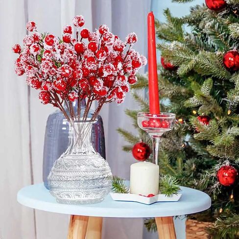 24 Pieces 7.8 Inch Artificial Holly Berry Stem Picks with Snowflake Glitter Christmas Tree Berries Picks for Christmas Tree Ornaments DIY Wreath Crafts Home Wedding Party Decor in Saudi Arabia