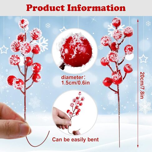 24 Pieces 7.8 Inch Artificial Holly Berry Stem Picks with Snowflake Glitter Christmas Tree Berries Picks for Christmas Tree Ornaments DIY Wreath Crafts Home Wedding Party Decor in Saudi Arabia