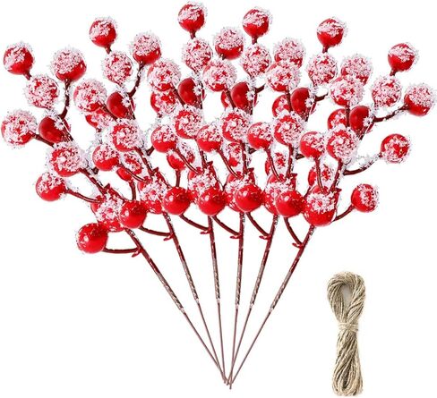 24 Pieces 7.8 Inch Artificial Holly Berry Stem Picks with Snowflake Glitter Christmas Tree Berries Picks for Christmas Tree Ornaments DIY Wreath Crafts Home Wedding Party Decor in Saudi Arabia