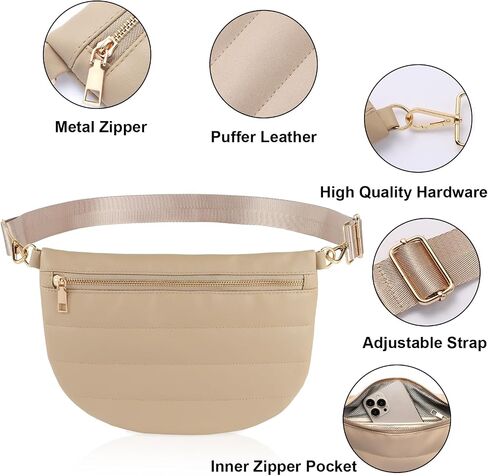 Quilted Puffer Leather Belt Bag for Women Puffer Crossbody Bags Puffy Sling Belt Bag Fanny Pack Bum Waist Chest Shoulder Bag for Women-Black in Saudi Arabia