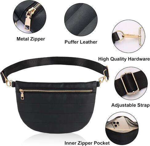 Quilted Puffer Leather Belt Bag for Women Puffer Crossbody Bags Puffy Sling Belt Bag Fanny Pack Bum Waist Chest Shoulder Bag for Women-Black in Saudi Arabia