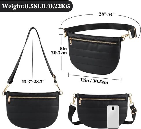 Quilted Puffer Leather Belt Bag for Women Puffer Crossbody Bags Puffy Sling Belt Bag Fanny Pack Bum Waist Chest Shoulder Bag for Women-Black in Saudi Arabia