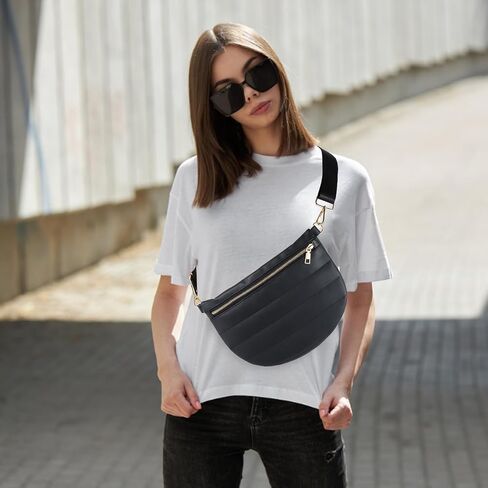 Quilted Puffer Leather Belt Bag for Women Puffer Crossbody Bags Puffy Sling Belt Bag Fanny Pack Bum Waist Chest Shoulder Bag for Women-Black in Saudi Arabia