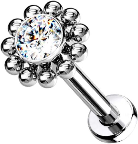 Pierced Owl - 16-18G G23 Implant Grade Titanium Threadless Push-In CZ Crystal Center Flower with Beaded Edge Flat Back Lip Cartilage Ear Stud in Saudi Arabia
