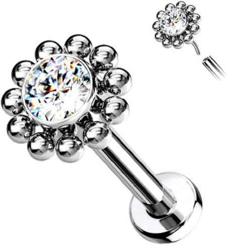 Pierced Owl - 16-18G G23 Implant Grade Titanium Threadless Push-In CZ Crystal Center Flower with Beaded Edge Flat Back Lip Cartilage Ear Stud in Saudi Arabia