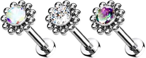Pierced Owl - 16-18G G23 Implant Grade Titanium Threadless Push-In CZ Crystal Center Flower with Beaded Edge Flat Back Lip Cartilage Ear Stud in Saudi Arabia