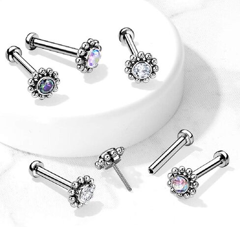 Pierced Owl - 16-18G G23 Implant Grade Titanium Threadless Push-In CZ Crystal Center Flower with Beaded Edge Flat Back Lip Cartilage Ear Stud in Saudi Arabia