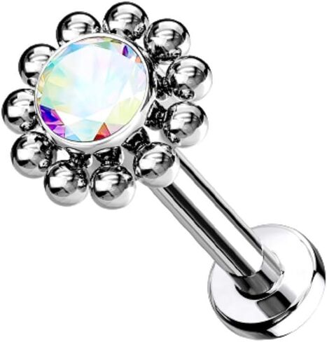 Pierced Owl - 16-18G G23 Implant Grade Titanium Threadless Push-In CZ Crystal Center Flower with Beaded Edge Flat Back Lip Cartilage Ear Stud in Saudi Arabia