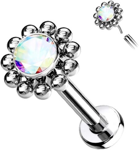 Pierced Owl - 16-18G G23 Implant Grade Titanium Threadless Push-In CZ Crystal Center Flower with Beaded Edge Flat Back Lip Cartilage Ear Stud in Saudi Arabia
