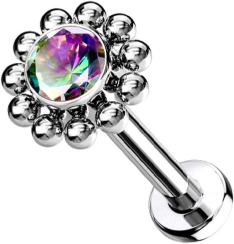 Pierced Owl - 16-18G G23 Implant Grade Titanium Threadless Push-In CZ Crystal Center Flower with Beaded Edge Flat Back Lip Cartilage Ear Stud in Saudi Arabia