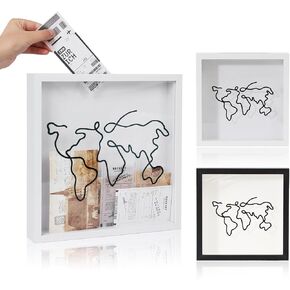 Adventure Travel Shadow Box, Souvenir Memory Box, Slot Travel Adventure File Memory Photo Box, World Map Pattern Design, Concert Music Theater Photography Theater Ticket (White, 12x12)