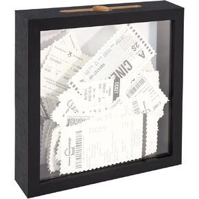 12x12 Shadow Box Picture Frame with Slot on Top,Black Wooden Tempered Glass Travel Memory Display Case for Bottle Caps,Tickets,Shells,Stamps
