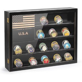 Military Challenge Coin Display Case, American Flag Challenge Coin Holder Wall Mount, 2 Tier Shelf Solid Wood Challenge Coin Holder, Gift for Military Member