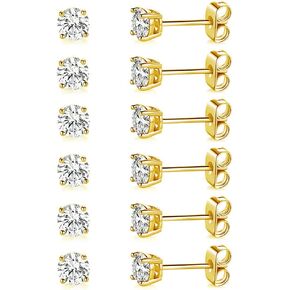 18K White Gold Plated 3-8mm Round Cubic Zirconia Stud Earring Pack of 6 Pairs