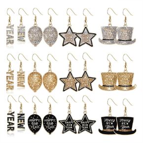 12 Pairs New Year Earrings Bulk Happy New Year Star Hat Balloon Earrings Set for Women Glitter Enamel NEW YEAR letter Dangle Earrings New Year's Eve Festive Holiday Party Earing Jewelry Gift
