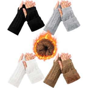 Shihanee 4 Pairs Winter Fleece Lined Fingerless Gloves for Women Half Finger Warm Knit Gloves Wrist Warmers Crochet Thumbhole Mittens for Womens Cold Weather