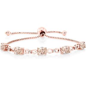 Gem Stone King 18K Rose Gold Plated Silver Peach Morganite and White Lab Grown Diamond Tennis Bracelet For Women (3.27 Cttw, Gemstone October Birthstone, Oval 7x5MM, Fully Adjustable Up to 9 Inch)