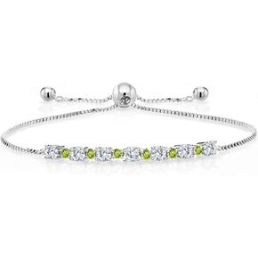 Gem Stone King 0.88 Ct E-F Lab Grown Diamond Green Peridot 925 Silver Adjustable Tennis Bracelet for Women Up to 9 Inch