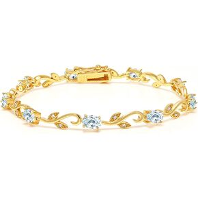 Gem Stone King 18K Yellow Gold Plated Silver 4.00 Ct Aquamarine Diamond Greek Vine 7 Inch Tennis Bracelet For Women