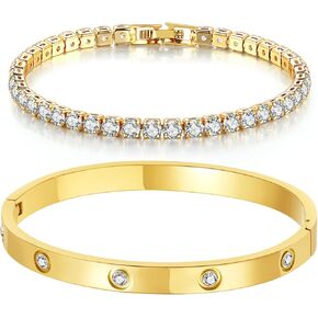 18K Gold Plated Dainty Tennis Bracelets Set 4mm/6mm Love Bangle Bracelets with 3mm/4mm Cubic Zirconia Classic Tennis Bracelet| Gold Bracelets for Women | Size 6.5/7/7.5 Inch