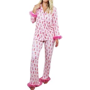 Women's Satin Silk Pajamas Sexy Feather Trim Long Sleeve Button Up Pjs Shirt Sleep Pajama Pants 2 Piece Lounge Sets