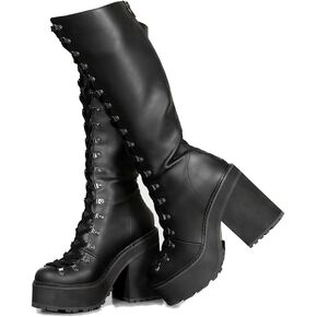 AMINUGAL Knee High Boots Women Black Wide Calf Wedge Boots Lace Up Goth Boots for Women Chunky Gothic Platform Boots for Women Motorcycle Punk Combat Boots Womens