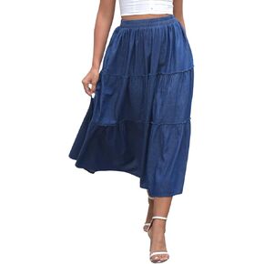 DREFBUFY Women's Mae Pleated Flowy Cxi Skirt Denim Tiered Elastic Waist Rufflasual Long Skirts with Pockets for Summer