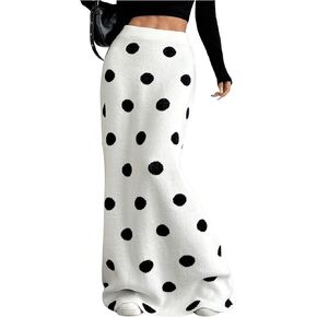 Verdusa Women's Polka Dots Maxi Skirt Elastic High Waist Sweater Long Skirt