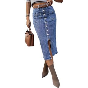 Flamingals Straight High Rise Vintage Embroidered Botton Fly Split Thigh Midi Denim Skirt