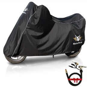600D Heavy Duty Motorcycle Cover 100% Waterproof; License Plate Window, Exhaust Heat Guard, Night Reflectors, Wheel Lock Slots (Silver, Large 86X37X43)