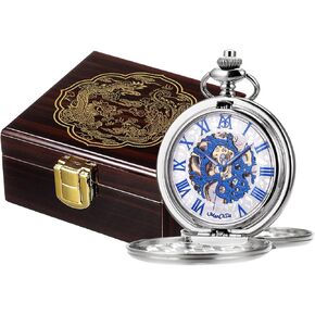 ManChDa Mechanical Roman Numerals Dial Skeleton Pocket Watches with Box and Chains for Mens Women
