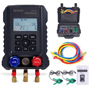 Digital Manifold Gauge, HVAC Refrigerants Digital AC Gauges Set with 2 Thermometer Clamps and 3 Hoses, for R22/R410A/R134A/1234YF Refrigerant Recharge Kit