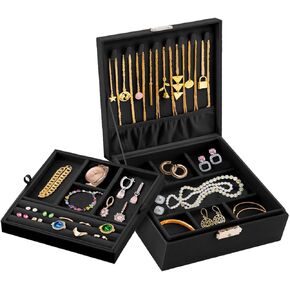 Prestige & Fancy 2 Layer Woman Jewelry Box, Jewelry Organizer For Woman, Men & Girls Large Case 8.5x7.5x3.3in | PU Leather Black Jewelry Gift Storage Boxes For Ring, Necklace & Bracelet With Lock