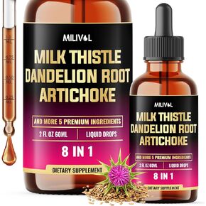8in1 Milk Thistle Liquid Drops with Dandelion Root, Artichoke Leaf and 5 More Herbals - 60 Days Supply - 2 Fl Oz
