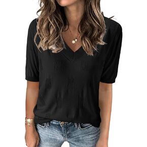 Zeagoo Womens Short Sleeve Sweaters Soft Casual V Neck Pullover Tops Lightweight Knit Sweater Blouse