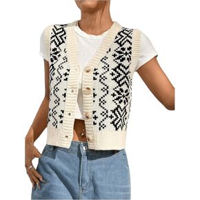 MakeMeChic Women's Geo Print Cable Knit Sweater Vest Button Front Sleeveless V Neck Top