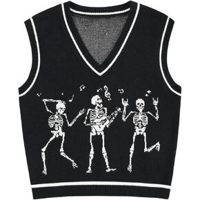 WDIRARA Women's Skull Graphic Print Sweater Vest V Neck Sleeveless Pullover Knitwear Tank Tops