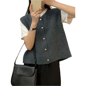 OYOANGLE Women's Button Front Cardigan Sweater Sleeveless Crew Neck Knit Sweater Vest