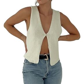 Women Crochet Knit Vest Solid Hollow Out Button Down V Neck Sleeveless Crop Top Vintage Casual Versatile Streetwear