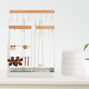 Jewelry Organizer 6 Tier Jewelry Wooden Tower Shelf & 4 Tier Rotating Jewelry Tray Case with Mirror Hanging Display for Bracelet Watch Earrings Rings Necklace