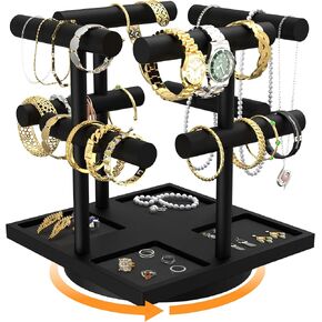 2-Tier Rotating Bracelet Display Stand, Wooden Jewelry Bracelet Display Holder-4 Removable Holders, Bracelet Organizer for Bangles, Necklaces, Bracelets, Rings, Earrings and Watch, Black