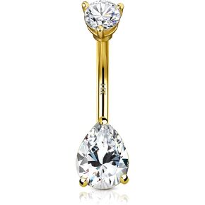 CM Crareesi Mania 14K Solid Gold Belly Rings Heart Cubic Zirconia Belly Button Piercing Rings 14G Yellow Gold Navel Piercing Jewellery Prong Set Navel Rings
